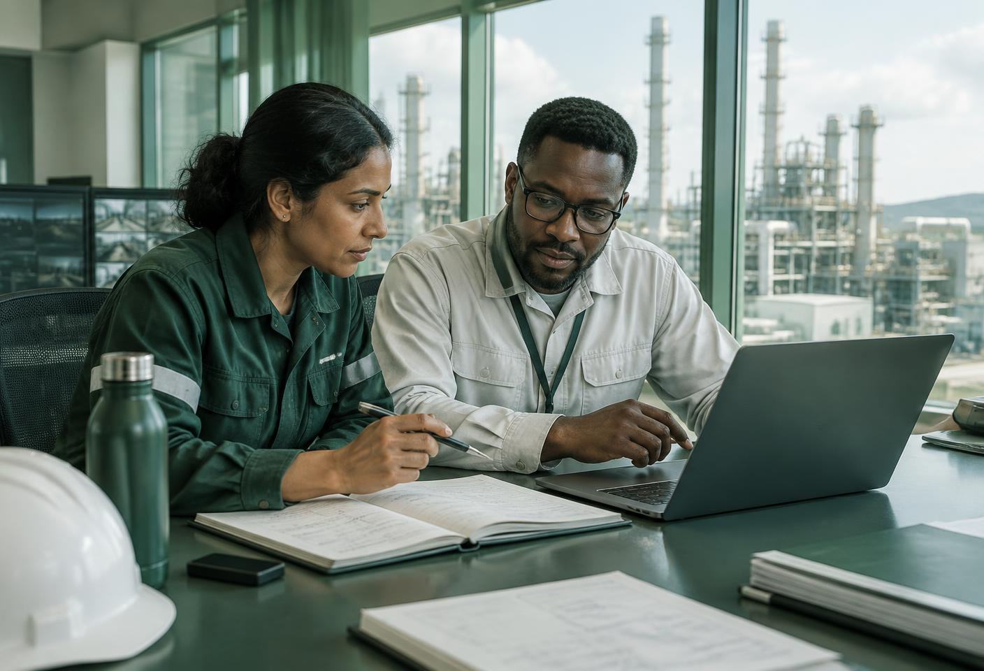 Energy engineers comparing notes at a laptop with plant equipment outside