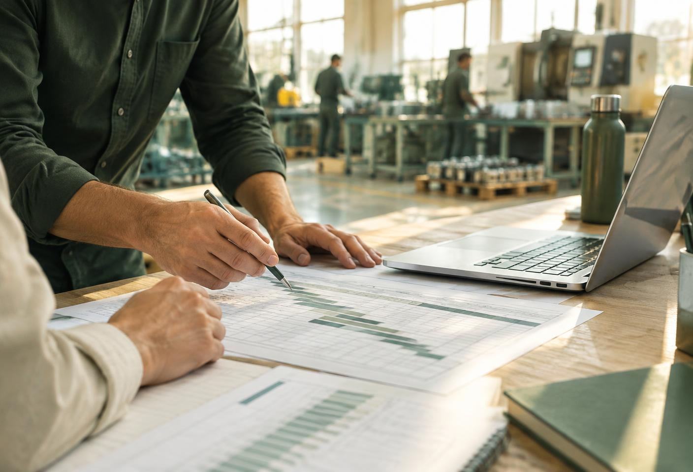 Hands reviewing production plans and a laptop on a factory worktable