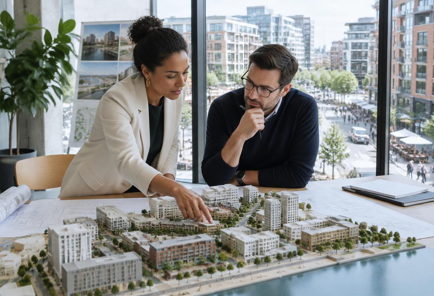Project planners reviewing a site model beside a city window