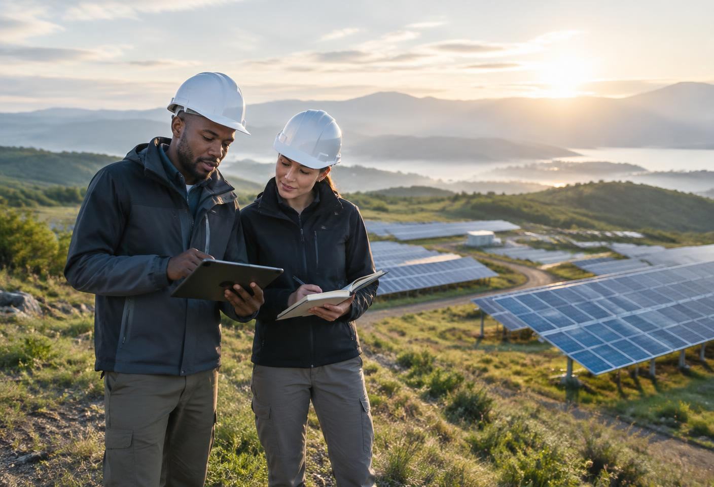 Two engineers reviewing field notes beside solar panels
