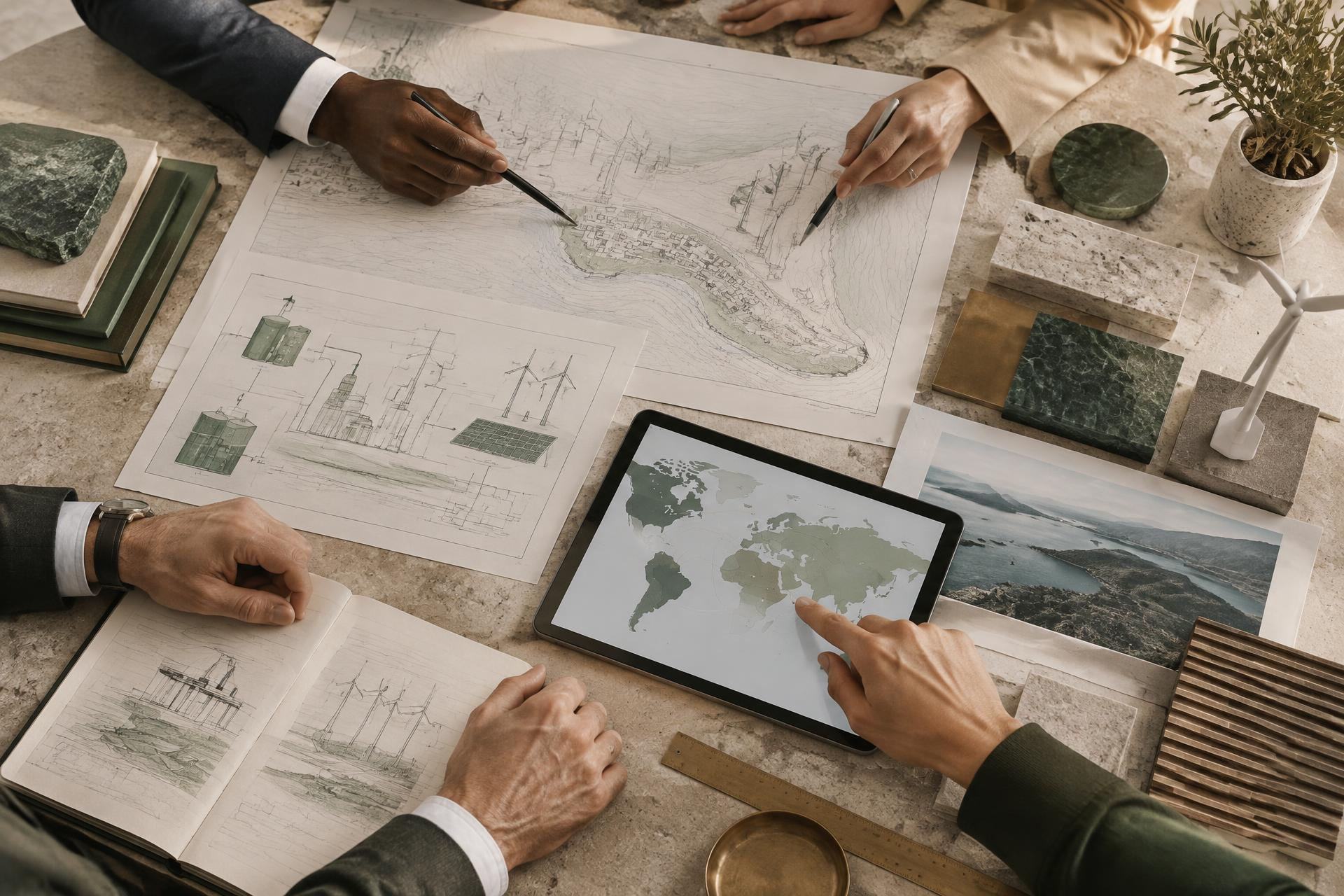 An overhead working table with infrastructure drawings, materials and a tablet