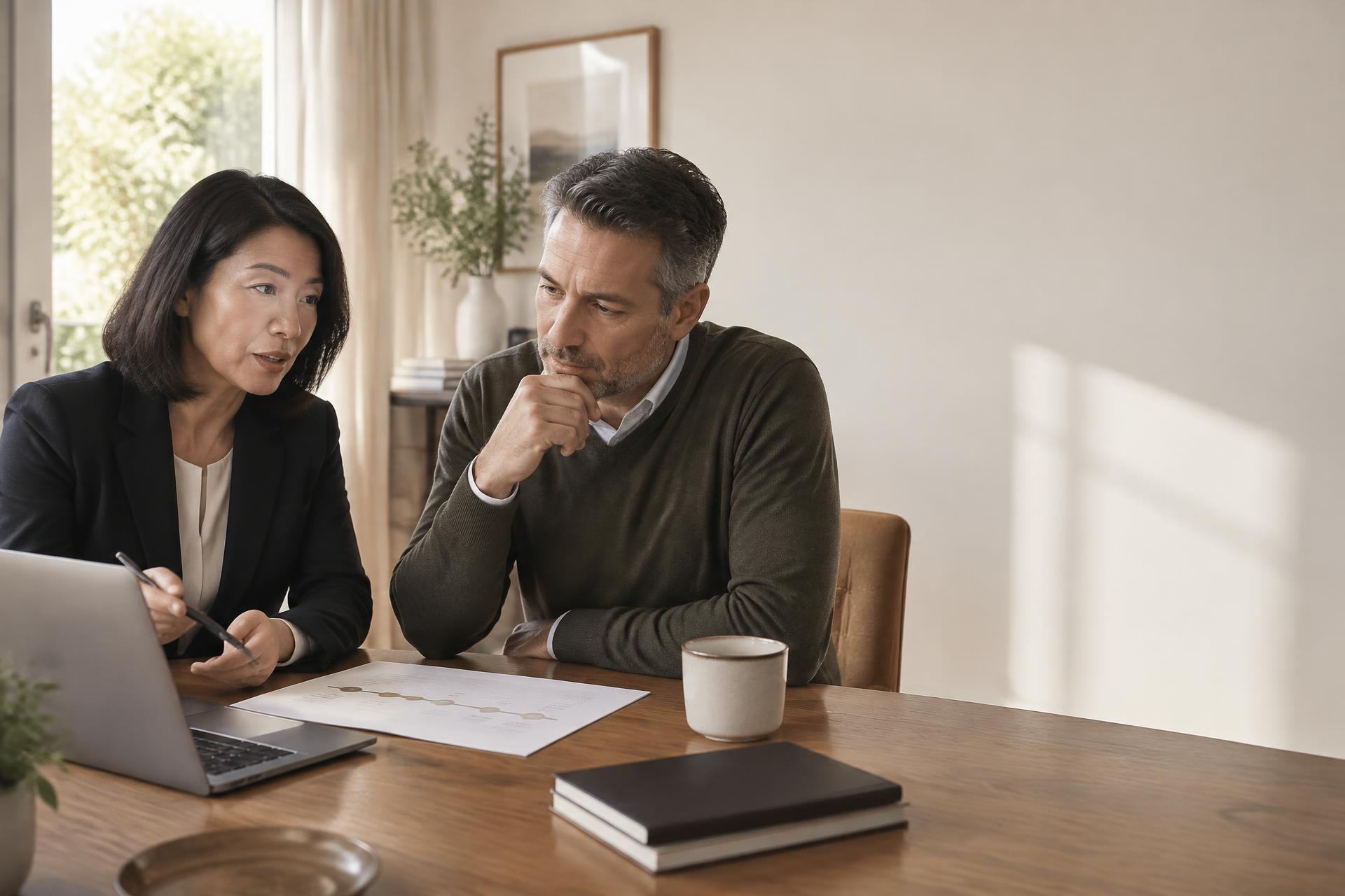 An adviser and client considering a plan together beside a laptop