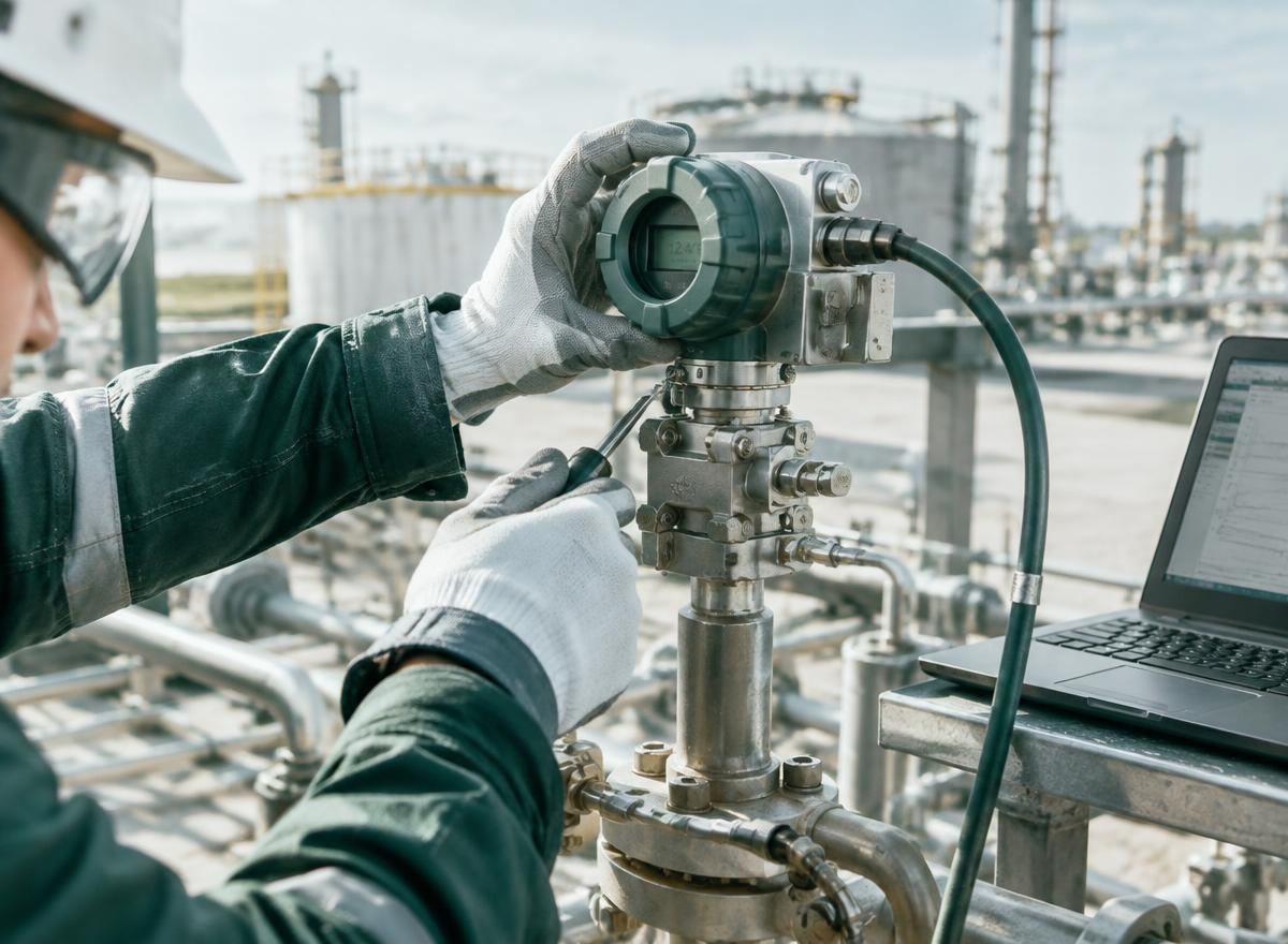 Energy specialist calibrating a sensor at an industrial facility