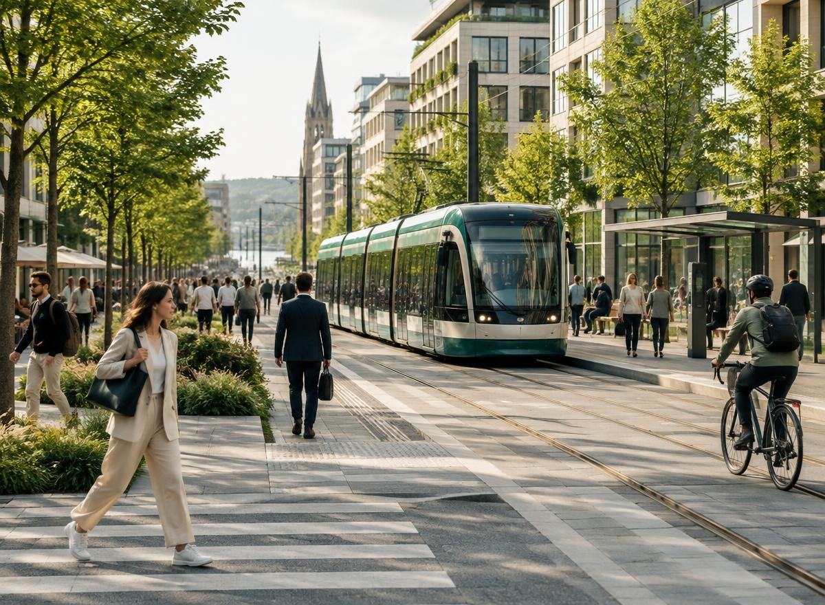 Pedestrians and a tram sharing a tree-lined city street
