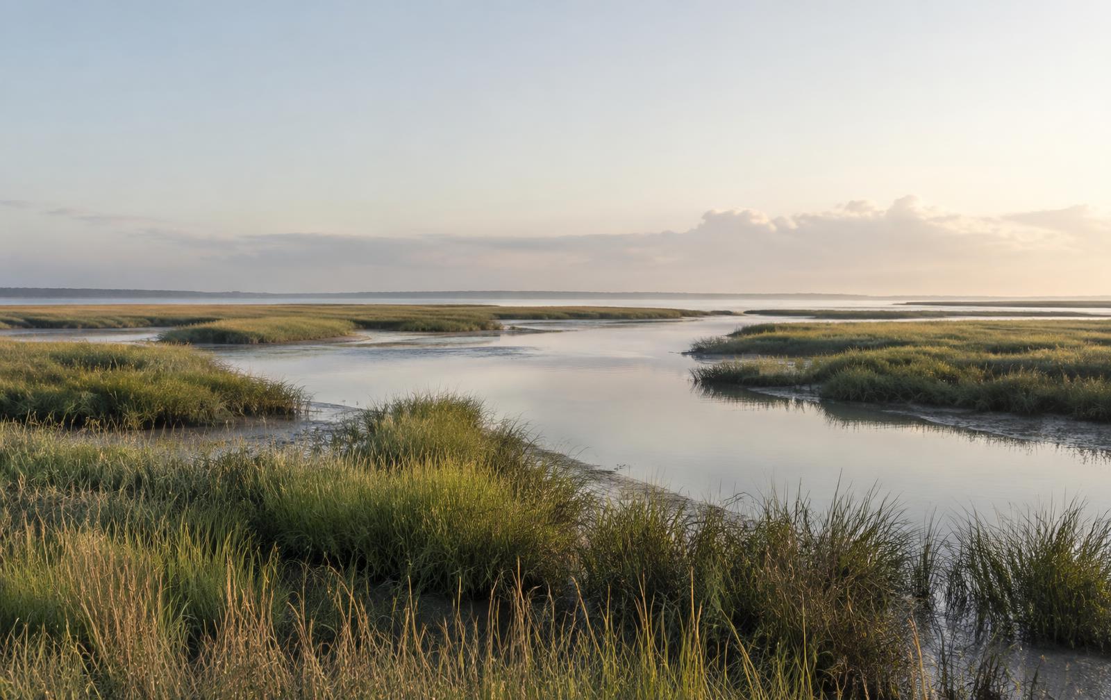 A broad tidal landscape leading to an open horizon